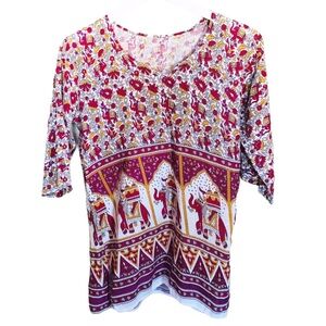 BOHO Vintage Floral Elephant TUNIC/TOP With 3/4 Length Sleeves Red/Purple Small